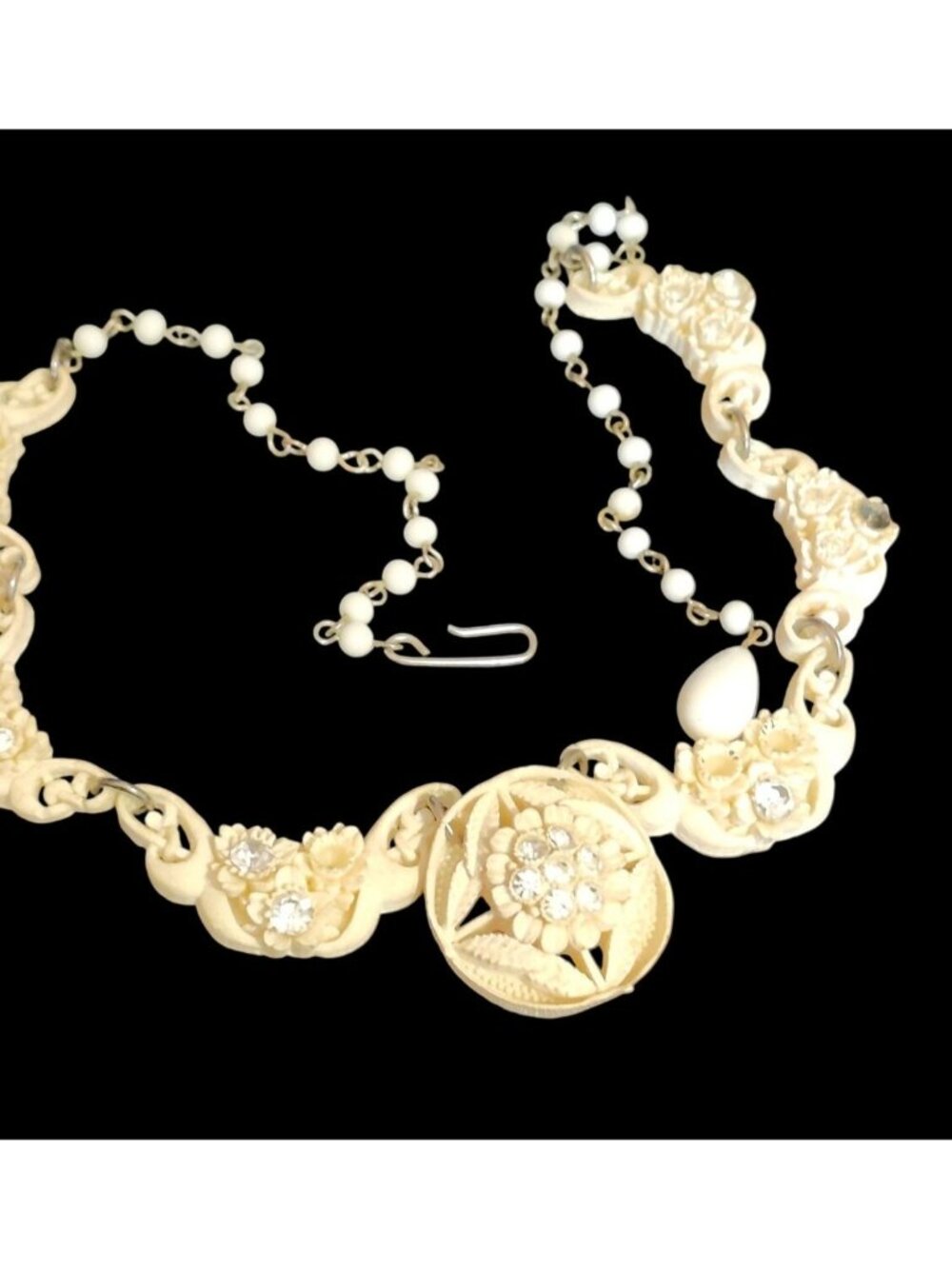 Vintage Carved White Celluloid Floral Festoon Necklace Rhinestones Victorian Rev